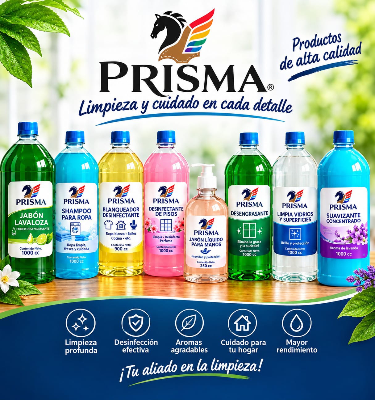 Portafolio Prisma: jabón lavaloza, shampoo para ropa, blanqueador desinfectante, desinfectante de pisos, jabón líquido para manos, desengrasante, limpia vidrios y suavizante concentrado